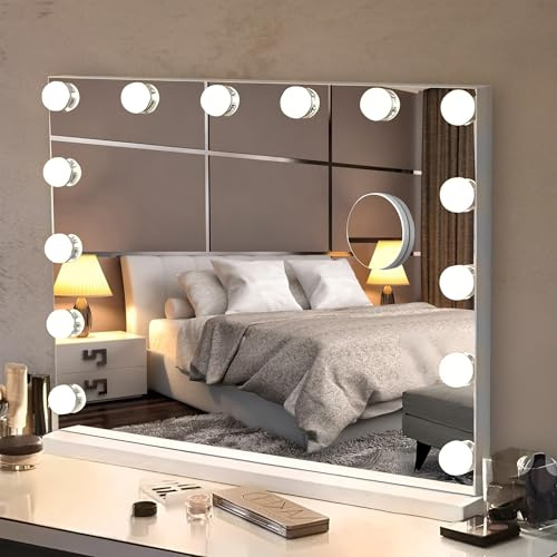 Bayt Specchio Trucco con luci LED – Specchio Hollywood Bianco 50x40 cm con 14 Lampadine Dimmerabili, 3 Tonalità di Luce (calda, fredda, naturale), Touch Screen & Specchietto Ingranditore 10x