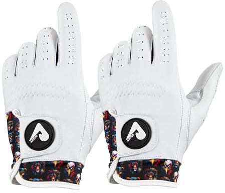 ASTUR Cabretta - Guantes de golf de cuero para hombre, 2 unidades, mano izquierda, carismático, diseño único de muñeca (atrevido, M)