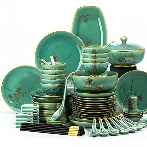 Juego de vajilla de cerámica de 45 piezas, vajilla de porcelana china, plato de cena, juego de vajilla de cerámica combinada, servicio de porcelana para 10, juego de vajilla de cerámica de lujo verde