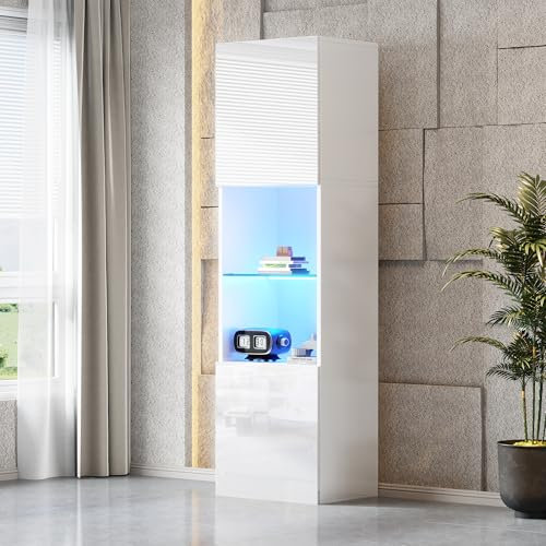 Moimhear Vitrina blanca brillante con iluminación ambiental, 1 estante de cristal, 45 x 35 x 160 cm, vitrina, vitrina de pie, armario alto, armario de almacenamiento