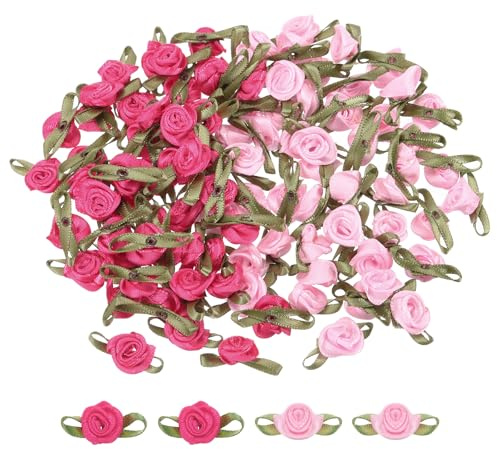 QUARKZMAN 100 stycken rosa/rosa konstgjorda minirosetter blommor 12,7 x 1–3/16 minirosor rosetter rosor med blad tygblommor satinband för sömnad förpackning applikationer pyssel bröllop