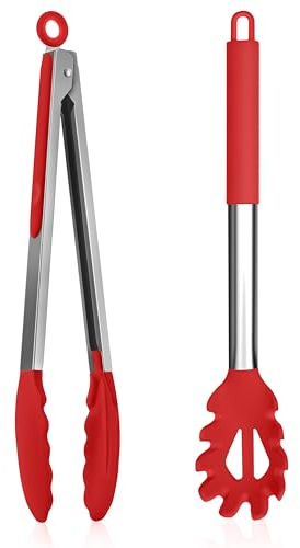 Homikit Cuchara de espagueti de acero inoxidable y pinzas de cocina, silicona antiadherente, juego de servidor de espagueti, cuchara de pasta y pinzas de cocina, juego de pinzas para hornear, cocinar