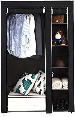 TactFire Armoire de Rangement en Tissu, Penderie avec Housse, 110x45x175cm | Armoire Chambre Portable, Armoire à Vêtements avec 5 Couches 6 Compartiments, Noir