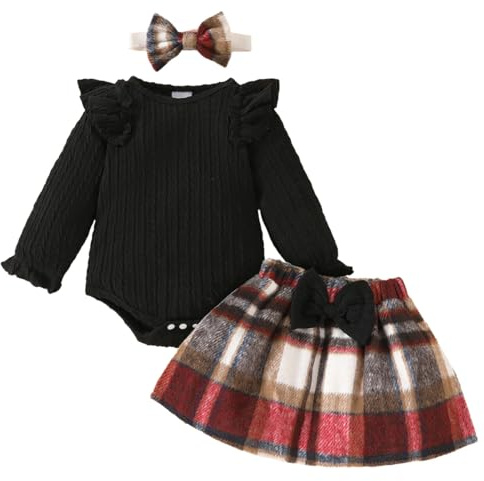 LUVCES Ensemble Nouveau-né Fille Tenue d'Automne Hiver Manches Longues Body Tricoté avec Jupe à Carreaux 3 Pièces Vetement Bebe Fille de Noël 3Pcs Noir 12-18 Mois