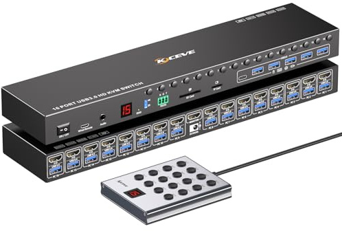 16 Puertos KVM Switch HDMI 4K@60Hz Simulación EDID, Montaje en Rack 1U USB 3.0 HDMI KVM Switch para 16 PC,6 Puertos USB 3.0,TF/SD, Audio,RS232,Controlador de escritorio, Fuente 12V,16 Cables USB