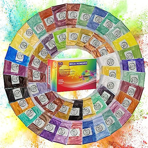 Mica Powder 50 Colors Set 5g Each Bag Natural Pigment Powder for Epoxy Resin Soap Making Candle Dye Slime Lip Gloss Bath Bombs Nail Polish Eyeshadow DIY Arts and Crafts Supplies