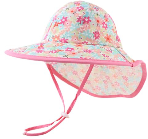 Pesaat Bébé Chapeaux D'été Fille Garçon Enfant Casquette UV Protéger Chapeu de Soleil pour Tout Petit Plage Randonnée Casquette (Rose Fleur, 4 à 8 Ans(52-56cm))
