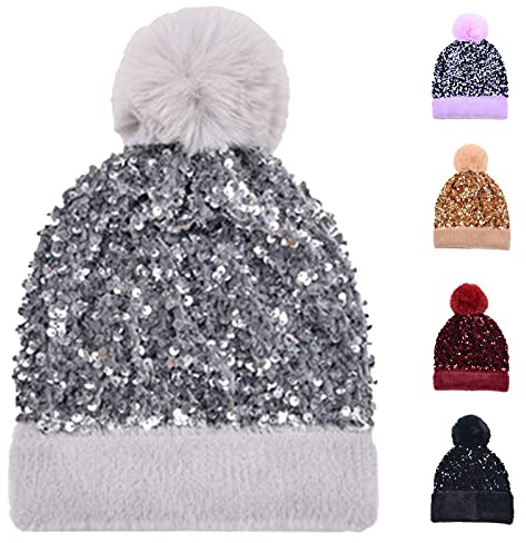 Yanmucy Women Winter Hat with Sequined Beanie Knitted Hat Detachable Pom Pom Warmer Glittering Ski Cap for Women Girls