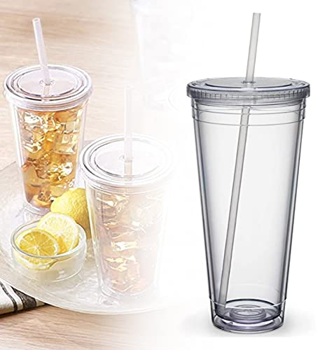 TWSOUL Plastic Cup Double Wall with Lids and Straws Reusable Transparent Water Tumbler for Smoothies Juice Iced Coffee (650ml)