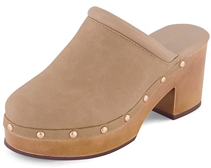 CUSHIONAIRE Guest Platform Clogs for Women, Heeled Faux Wood Mules with Studded Detailing and Memory Foam Footbed for All-Day Comfort, SAND 11W
