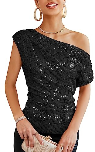 GRACE KARIN One Shoulder Sequin Sparkly Tops for Women Ruched Asymmetrical Glitter Tops Slimming Sparkle Party Shirts Black