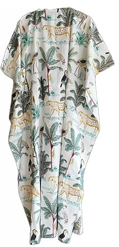 INDACORIFY Robe Kaftan 100% Coton, Couture pour Femmes imprimées Florales, Costume Long Kaftan Indien Fait à la Main, Belle Plage (Design-1)