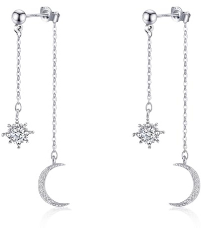 Watforsh Moon and Star Dangle Earrings for Women Chain Tassel with Cubic Zirconia Drop, 925 Sterling Silver Celestial Jewelry for Wedding Gift