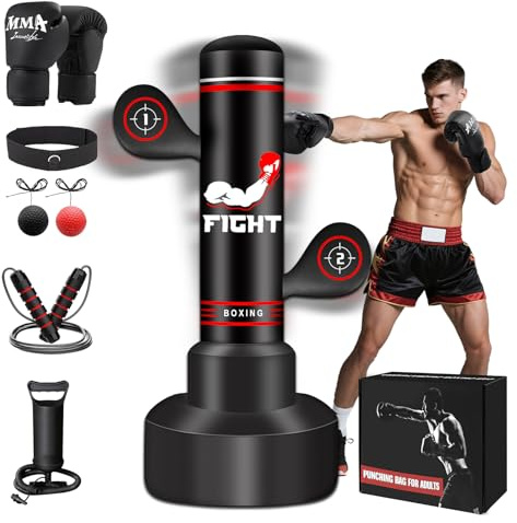 Sac de frappe autoportant lourd amélioré pour adultes et adolescents, sac de frappe debout de 177,8 cm avec gants, pompe et corde à sauter, balle de réflexe de boxe, sacs de kickboxing pour
