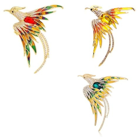 Phoenix Lot de 3 broches en strass en forme d'animal Accessoires pour vêtements Insigne d'oiseau Broche décorative pour soirée, veste, cadeau de fête, 5.7*6.1cm, Strass Métal