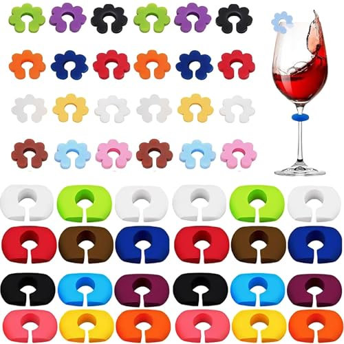 ClcIosis Lot de 48 marqueurs de verre en silicone, réutilisables, nobles, peuvent être utilisés sur les verres à champagne, les verres à cocktail et les verres à boisson, Einheitsgröße., Plastique