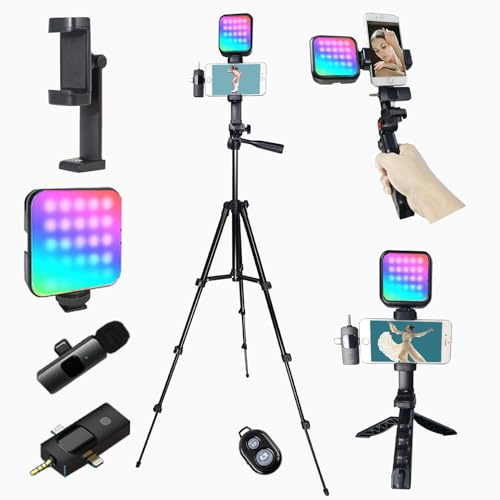 Vlogging Kit, Kit di Vlogging, Supporto per Cellulari, Treppiede Compatibile iPhone Android Fotocamera, per Tiktok, Youtube, w/Microfono wireless/RGB Luce/Remoto/Tripiede Estensibile