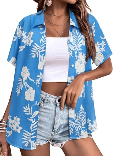 Yihelian Hawaiian Shirts for Women Summer Short Sleeve Top Floral Tropic Printing V Neck Button Down T Shirts Blouses Cornflower Blue