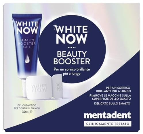 Mentadent White Now Beauty Booster, Formato 30 ml, Kit Gel Cosmetico Sbiancante Denti con Ossigeno Attivo, Rimuove Macchie dalla Superficie dello Smalto, Uso Quotidiano per un Sorriso più Luminoso