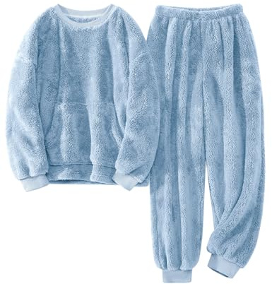 Niwicee Pigiama Donna Invernale Due Pezzi in Pile,Set Pigiami da Notte Felpato Top Manica Lunghe e Pantaloni Lungh con Tasche Pigiama Caldo da Casa per Lounge e Sleepwear S-XXL(Blu,XL)