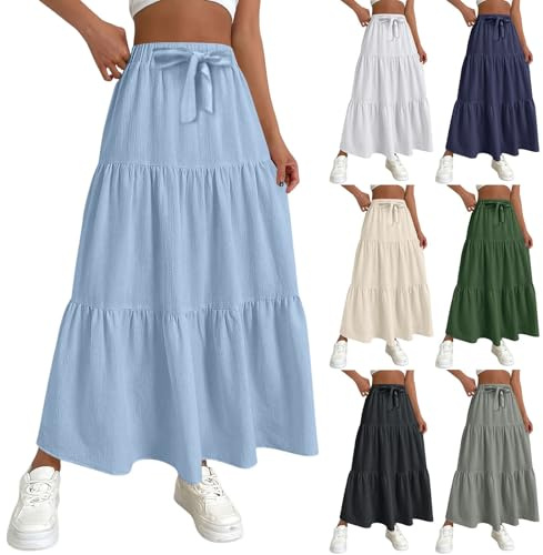 Jupe trapèze pour femme en lin et coton pour femme - Taille élastique - Jupe maxi unie ample décontractée à volants - Jupe d'été fluide - Taille haute - Robe évasée froncée pour femme - Midi, bleu