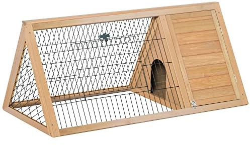 PawHut Conejera de Madera 116x62,2x52,5 cm, Jaula para Conejos Triangular con Rejilla Metálica y Puertas, Madera Natural