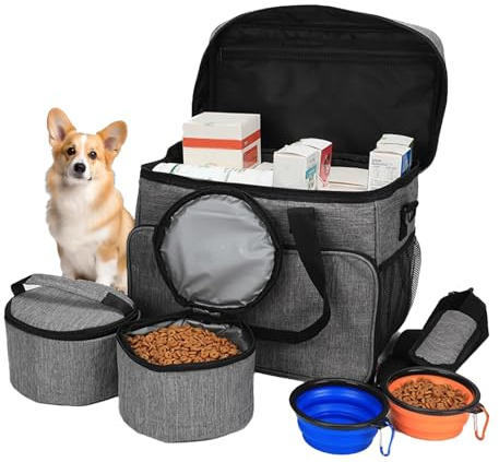 Jenmayt Borsa da Viaggio per Cani Grande,include 2 ciotole pieghevoli per cani,2 tasche portaoggetti,approvata dalle compagnie aeree,borsa da viaggio per cani,per animali, dolcetti, giocattoli