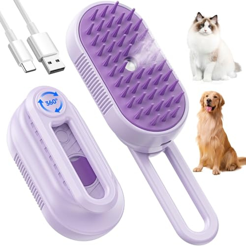 Spazzola a Vapore per Gatti e Cani, 5-In-1 Multifunzionale Spazzola per la Cura Degli Animali Domestici con Ricaricabile, Vaporosa per Gatti Capelli Lunghi/Corti, Viola