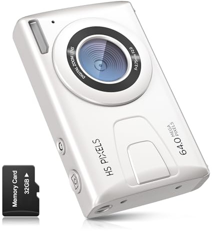 Digitalkamera CCN, 64MP 1080P FHD Fotokamera mit 3,0 Zoll Bildschirm, 18X Digitalzoom Tragbar Kompaktkamera mit 32GB TF-Karte, USB-Kabel, für Teenager Erwachsene Anfänger, Weiß