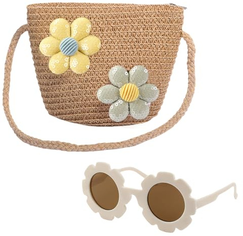 AWAVM Set di borse a tracolla per ragazze, graziosa borsetta per bambini con occhiali da sole a fiori, borsa intrecciata regolabile per bambini (rosa/beige, 12 x 14 cm), Caffè 2 fiori, 59*28*10cm