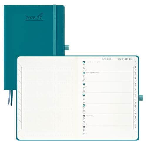 BEZEND Agenda Escolar 2026 2027 Semana Vista A5 15,5 x 21 cm, 18 Meses de Jul.26 a Dic.27, Vista Semanal con Página de Puntos, Papel de 90 GSM, Tapa Dura Cuero PU - Verde Pacífico