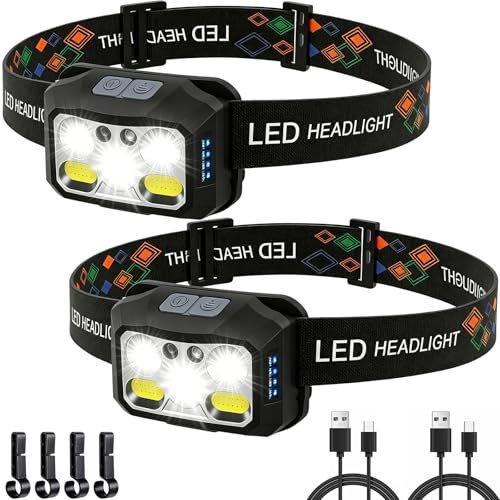 KOHRIUK Torcia Frontale 2 Pezzi LED Ricaricabile USB Lampada Frontale 6 Modalità di Luce Pila Frontale Ricaricabile 2000 Lumen Con Sensore di Movimento IPX6 Impermeabile per Pesca Campeggio Corsa(B)