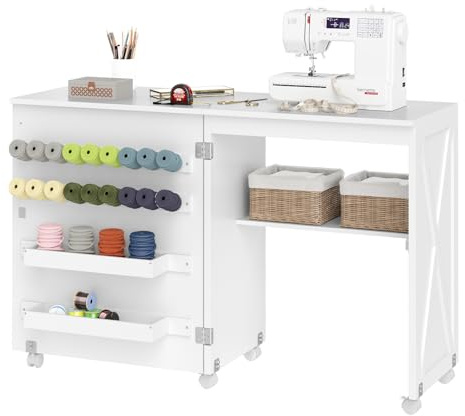 RELAX4LIFE Table de Couture Pliante avec 3 Compartiments, roulettes Verrouillables, Etagère de Rangement, Armoire pour Machine à Coudre Peu Encombrante pour Aiguilles Fils et Ciseaux (Blanc)