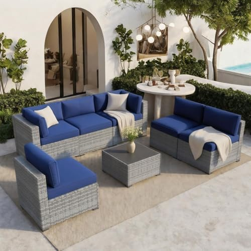 XTWEEX 7-Pieces Outdoor Patio Furniture Set, Grey PE Rattan Weaving Sofa with Thick Cushions, Dining Table and Coffee Table with Steel Frame, with Navy Blue Cushions for Balcony, Porch, Backyard