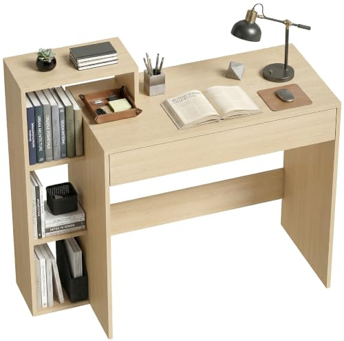 HOMCOM Bureau avec Rangement, Bureau d'Ordinateur 100 x 40 x 90 cm Naturel | avec 3 Étagères de Rangement, Tiroir, Poste de Travail, Table d'Ordinateur pour Télétravail, Salon