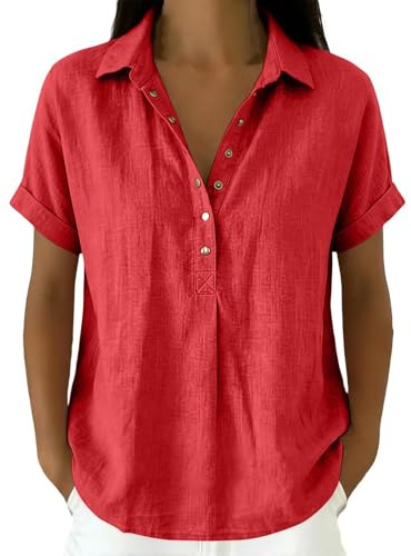 Dam linneblus kortärmad, blus damer sommar, sommarskjortor med knappar lös passform bastoppar lätt luftig blusskjorta lös fritidsblus enfärgad blus skjorta elegant muslinblus, Vattenmelonsröd, M
