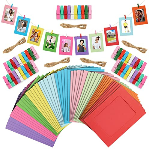 50-Pack Cardboard Paper Picture Frame with Mini Clothespins and Tanging Twine, 15.2 x 10.2 cm, 10 Colours