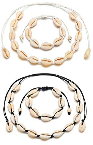 Huture 4 Stücke Muschelkette und Muschelarmband Kauri Muschel Choker Schmuck Set Halskette Fußkettchen Conch Natürliches Bohemia Handgemachte mit Verstellbaren Seil Zubehör für Frauen, Schwarz Weiß