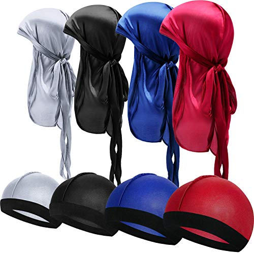 8 Piezas de Durag de Seda Gorro de Onda Elástico Envoltura de Cabeza con Cola Larga Correas Anchas (Rojo, Gris, Negro, Azul Real)
