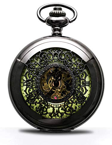BOSHIYA Mechanical Pocket Watch Luminous Steampunk Vintage Pocket Watch/with Chains/Hand Wind Up/Black Skeleton/Dial Roman Numberals⊠(Luminous Carved Black)