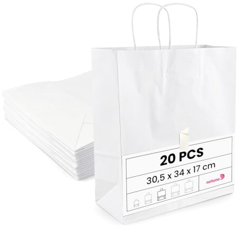 Netuno 20 vita papperspåsar med handtag 30,5 x 34 x 17 cm pappersbärkasse med handtag presentpåse kraftpapperspåse shoppingväska av kraftpapper shoppingpåse papperspåsar presentpåse