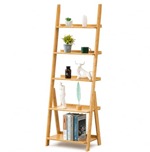 Maydear Bamboo Ladder Shelf Bookcase, 5-Tier Leaning Bookshelf Free Standing Organizer Storage Shelves for Living Room, Bedroom, Kitchen, Home Office, Balcony, Natural Wood