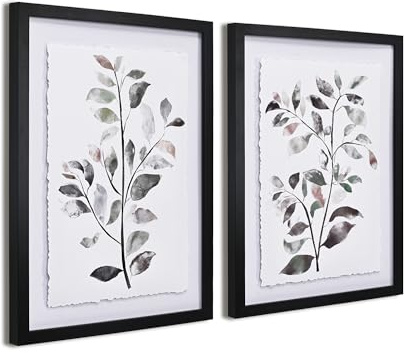 ArtbyHannah Framed Botanical Bathroom Wall Art Decor, 12x16 Inch Sage Green & Blush Leaf Pictures with Torn Edge 3D Effect, Moisture Proof Artwork Prints for Bedroom, Kitchen, Living Room (2 Pack)