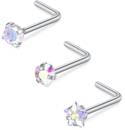 FECTAS 18G 20G Piercing Näsa Ring Rostfritt stål Kvinnor Män Nose Stud Ring L Form Piercing Näsa 1,5mm 2mm 2,5mm 3mm Diamond CZ Nostril Piercing Silver Guld Svart, Rostfritt stål