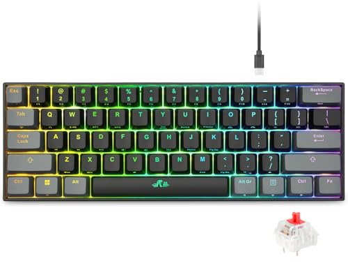 Rii Tastiera da gioco, 60% tastiera meccanica da gioco, tastiera RGB ricaricabile al 60% con Bluetooth 5.0/USB C/2,4 GHz, interruttore rosso lineare, tasti PBT, QMK/VIA per Windows/Mac/PC/laptop
