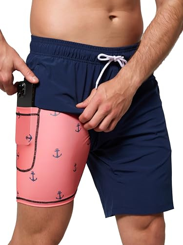 Arcweg Men's Swim Shorts Long Length Swimming Trunks with Compression Lining 2 in 1 Swimming Short with Zipper Pockets Men's Swim Trunk Quick Dry Double Layer Navy Blue+AnchorXL(UK)