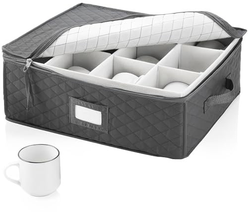 Cup Storage Box - 2 Pack Mug Storage Boxsand with Dividers Containers Holds 24 Glassware, Stackable Coffee Mug Organizer Bin and Tea Cup with 2 Metal Zipper and Handles
