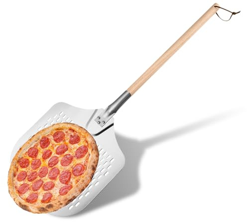 HONPHIER Pelle à Pizza 30 cm /12 Pouces Pelle Pizza perforée Aluminium avec Grande Surface et Poignée Amovible