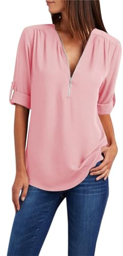 Uwdiohq Bouton Femmes Dames vêtements Chemise Ample en Mousseline de Soie Fermeture éclair Manches Longues Grande Taille Hauts Chemisier Soie Noire Chemisier Femme Chic Vetement Femme Chic Bleu