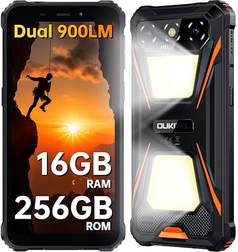 OUKITEL G5 Móvil Rugerizado 2025, 16GB RAM+256GB ROM/TF 1TB Movil Irrompible,900LM Luz de Camping Dual Telefono Movil Resistente，6300mAh, Cámara 13MP 14 Android Smartphone,Dual SIM 4G/Face ID/GPS/OTG
